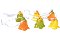 set/6 hanging bells, in color: orange with green dots, yellow with orange dots,