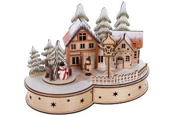 wooden decoration with house and deer with motor