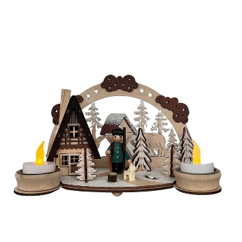 wooden candleholder with hunter and house