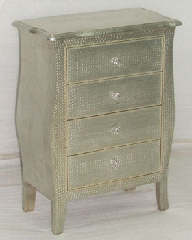WOODEN CURVED SIDED 4 DRAWER CHEST W/HAMMERRED DESIGN WHITE METAL CLADDING
