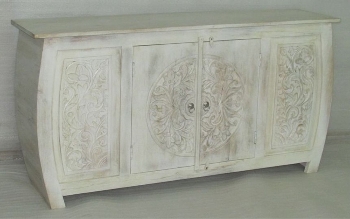 WOODEN CURVED DESIGN 2 DOORS SIDE BOARD W/CARVING ON FRONT