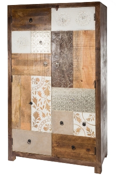 WOODEN PATCH WORK DESIGN 2 DOOR ALMIRAH W/CARVING, PAINTING, WHITE METAL,