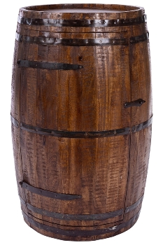 WOODEN BARREL SHAPED 12 WINE BOTTLE RACK W/IRON DÉCOR