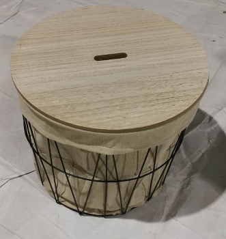 black metal laundry basket with beige fabric inlay