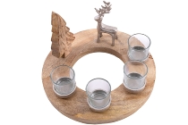 Wooden Wreath with 4 Tea-Lights, Metal Reindeer and Carved Wooden Tree