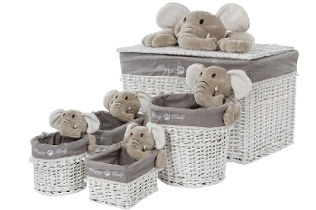 Set 5 white willow basket, with grey elephant