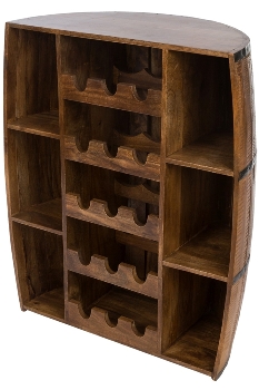 WOODEN HALF BARREL SHAPED 15 WINE BOTTLE HOLDER & 6 SHELVES W/IRON DECOR