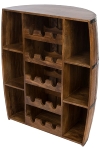 WOODEN HALF BARREL SHAPED 15 WINE BOTTLE HOLDER & 6 SHELVES W/IRON DECOR