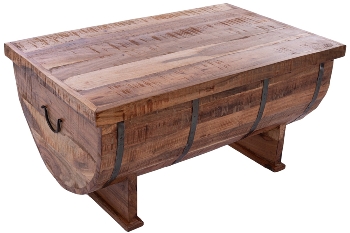WOODEN HALF BARREL SHAPED COFFEE TABLE W/IRON STRIP DÉCOR
