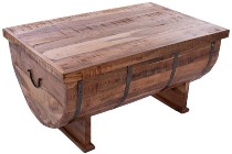 WOODEN HALF BARREL SHAPED COFFEE TABLE W/IRON STRIP DÉCOR