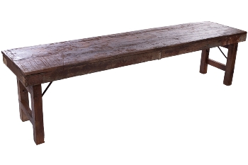 ASSORTED OLD WOOD TENT HOUSE BENCH W/FOLDING LEGS & IRON 
SUPPORT