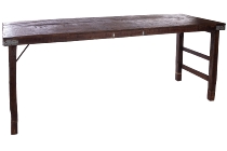 ASSORTED OLD WOOD TENT HOUSE TABLE W/FOLDING LEGS & IRON 
SUPPORT