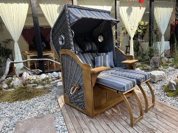 Strandkorb grau/blau gestreift, 2er Sitz