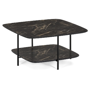 Coffee table K/D,Top and shelf in dark marble paper veneer,legs metal tube in