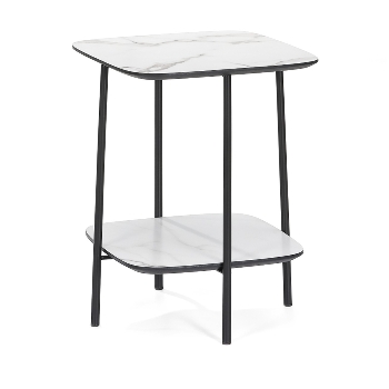 Side table K/D,Top and shelf in white marble paper veneer,legs metal tube in