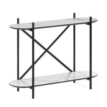 Console table K/D,Top and shelf in white marble paper veneer,legs metal tube