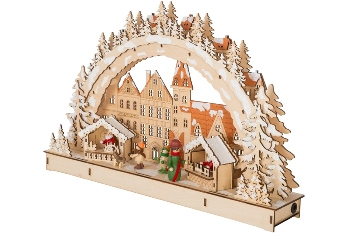 LED Schwibbogen: Weihnachtsmarkt. Aus Holz,